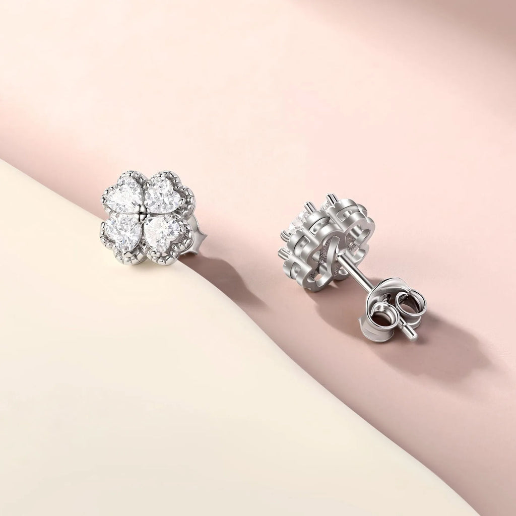 Women's heart-shaped 925 silver zircon earrings with white gold colour finish and four-leaf clover design