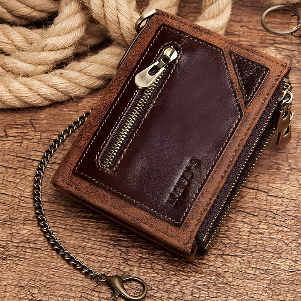 Dark brown genuine leather men's wallet with RFID protection and chain attachment