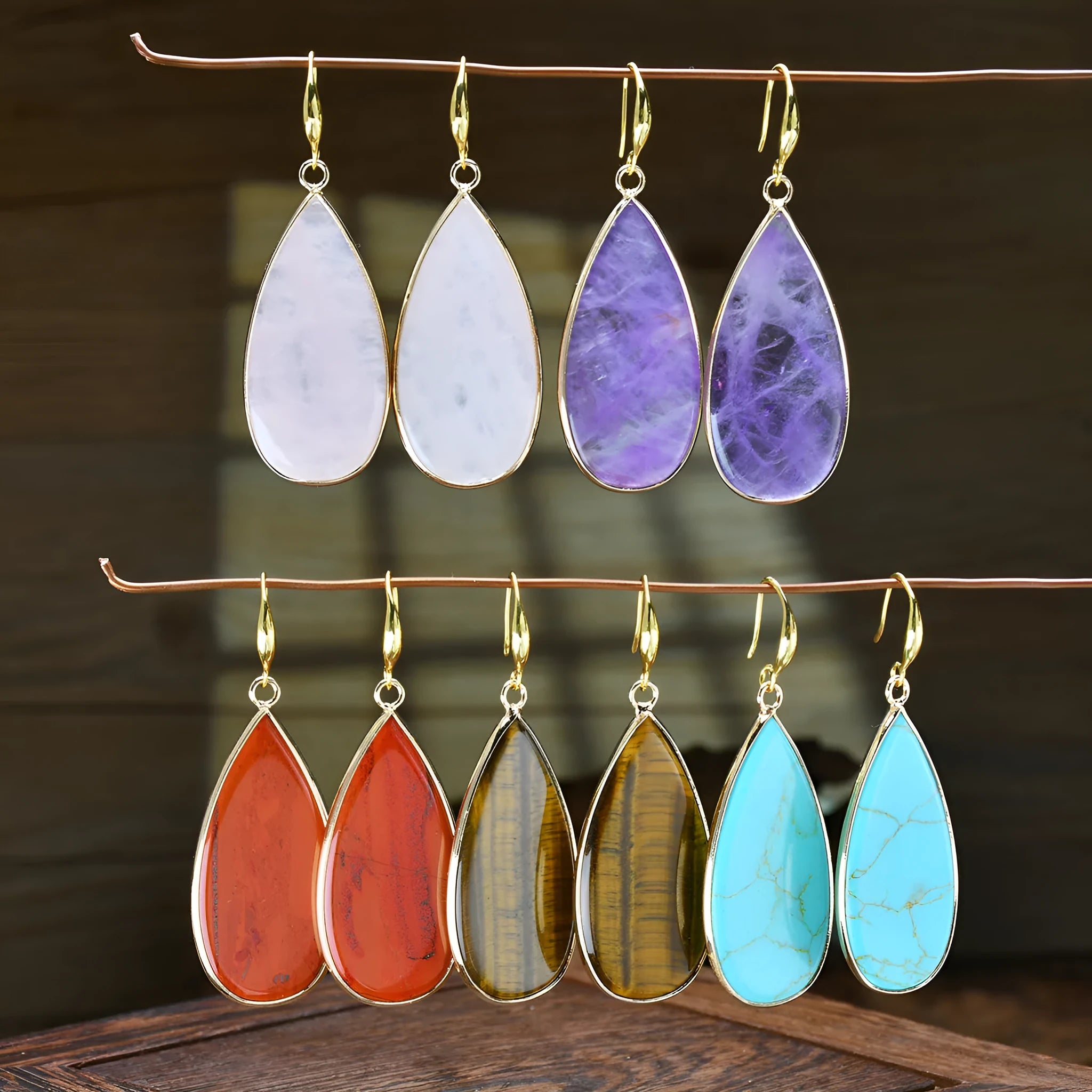 Vintage stone drop earrings with Tigereye stone and textured water droplet design