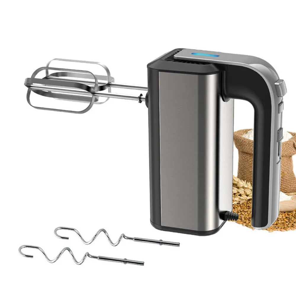 Silver handheld electric mini whisk with stainless steel beaters and 5-speed settings.