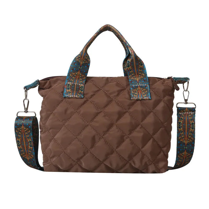 Oxford cloth messenger bag in horizontal square shape with single shoulder strap and sandwich pocket
