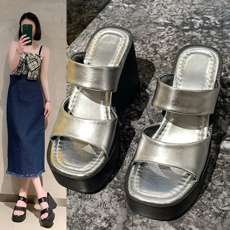 Metallic wedge platform slippers for women with square toe and PU leather upper