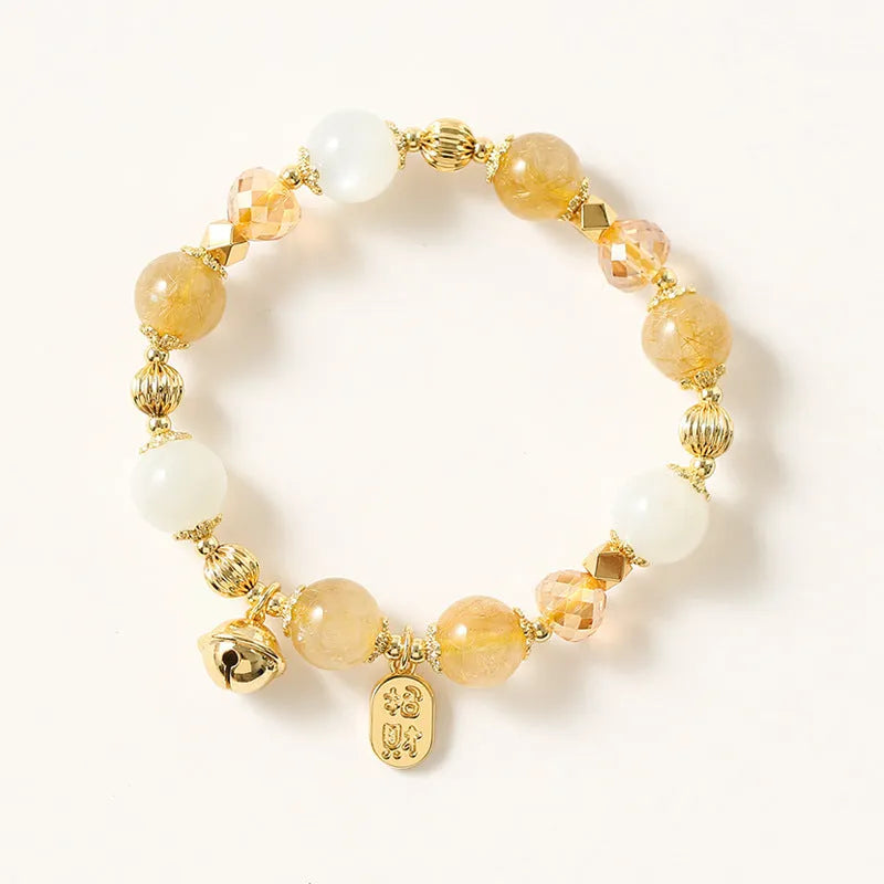 Gold electroplated bracelet with Lucky Fortune gold rutilated quartz crystal and ringing bell in Korean style