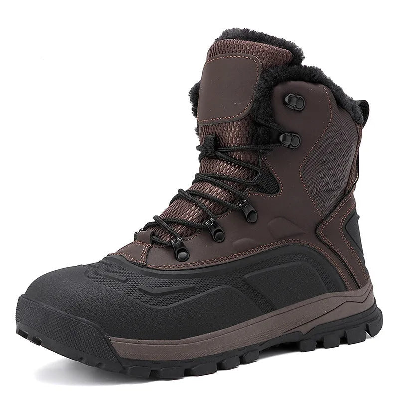 Men's black and khaki high-top boots with fleece lining and lace-up front.