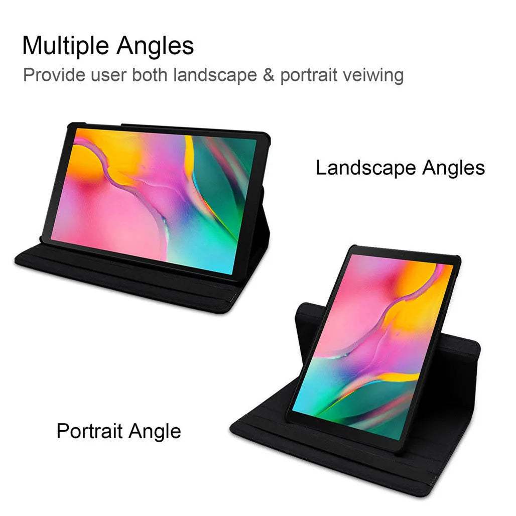 iPad rotating clamshell protective sleeve in imitation leather, shown in multiple colour options.