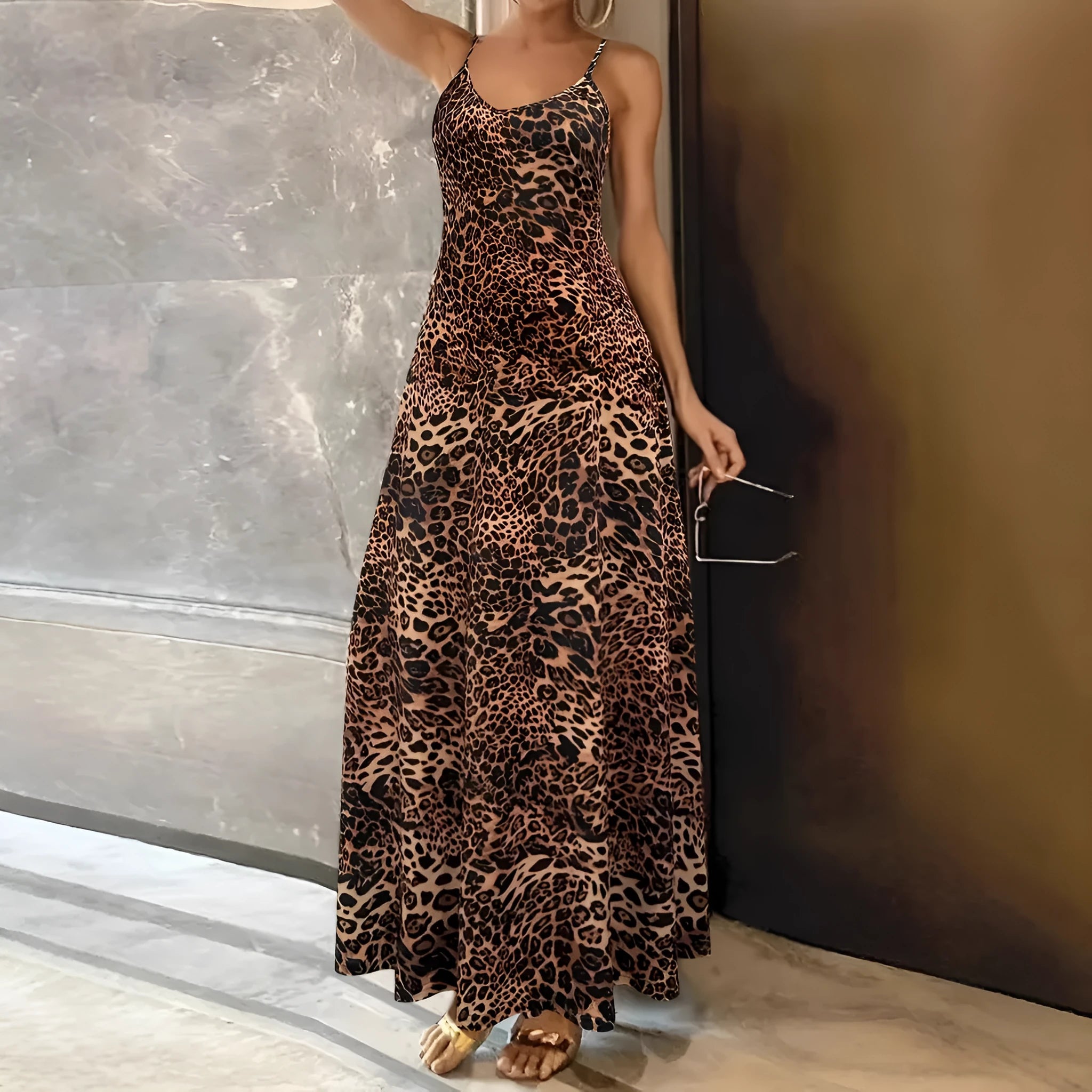 Dark brown leopard print sleeveless casual dress with round neck and sling shoulder straps