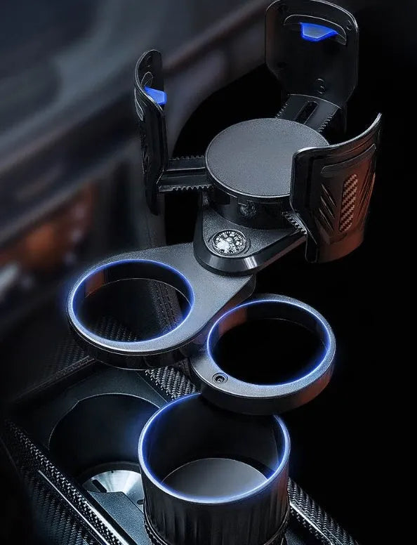 Black car water cup holder with adjustable base showing retracted and extended positions