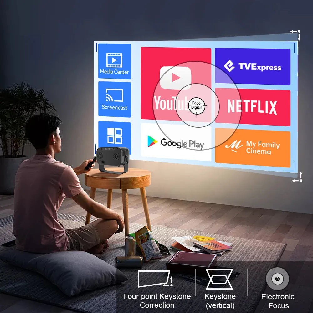 Black smart portable projector with HD 1280×720 resolution and included remote control