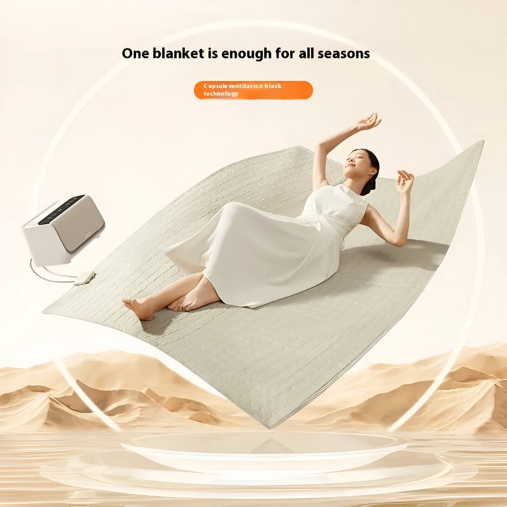 Aideng white plush electric water blanket for beds, shown with smart host controller, in 1.4m or 1.8m width options.