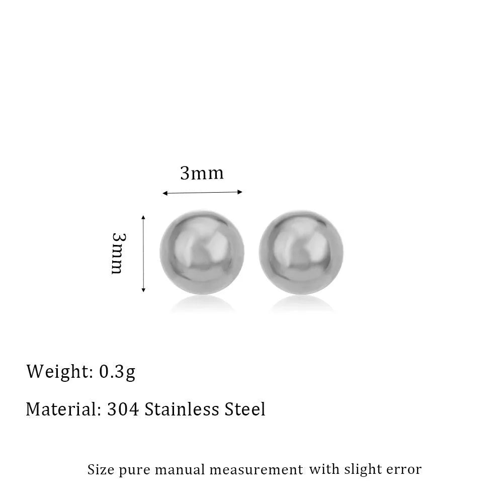 Gold and silver spherical ball stud earrings in 3mm, 4mm, 5mm, and 6mm sizes on a plain background.