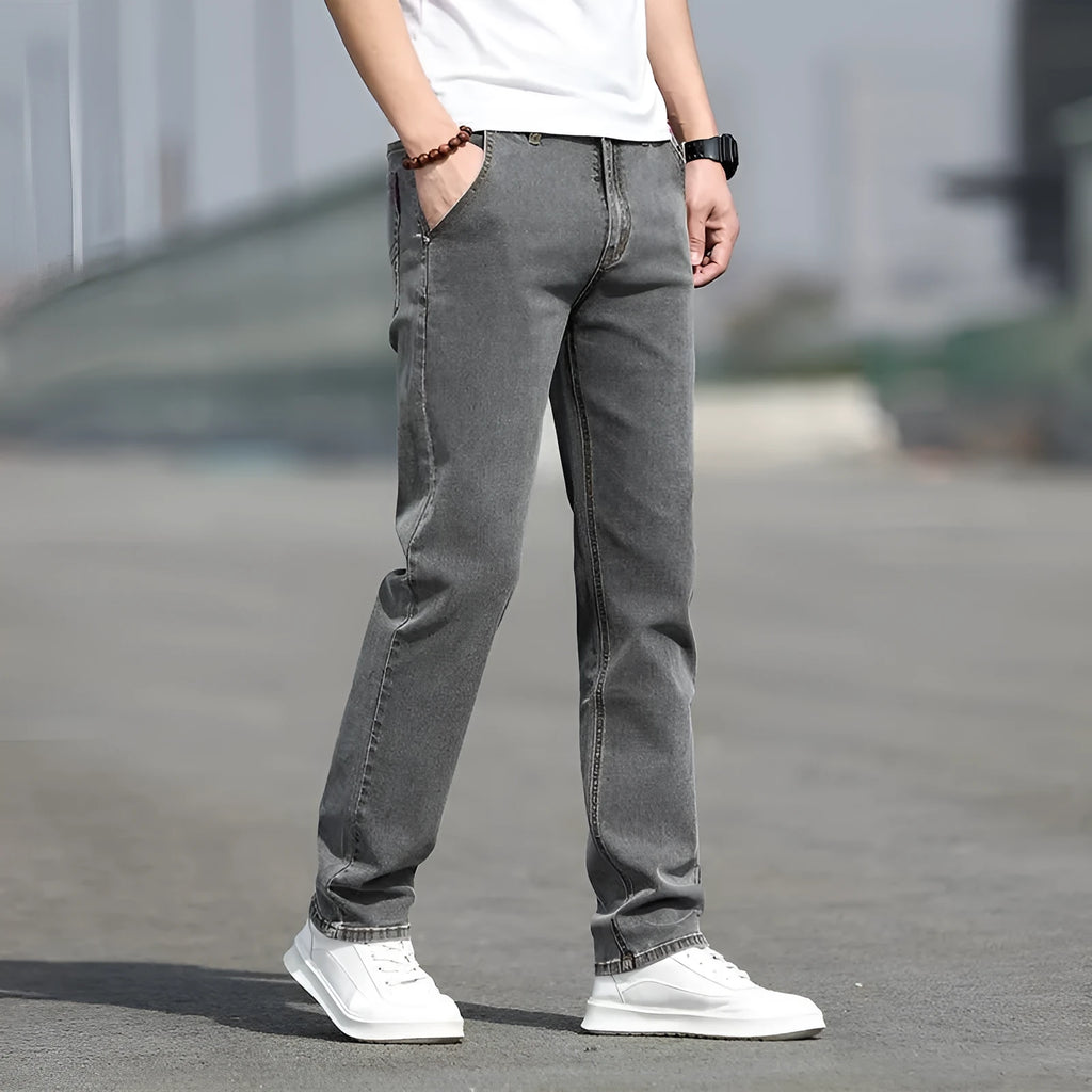 Men's smoky grey low waist straight leg jeans with high elasticity rabbit fur fabric