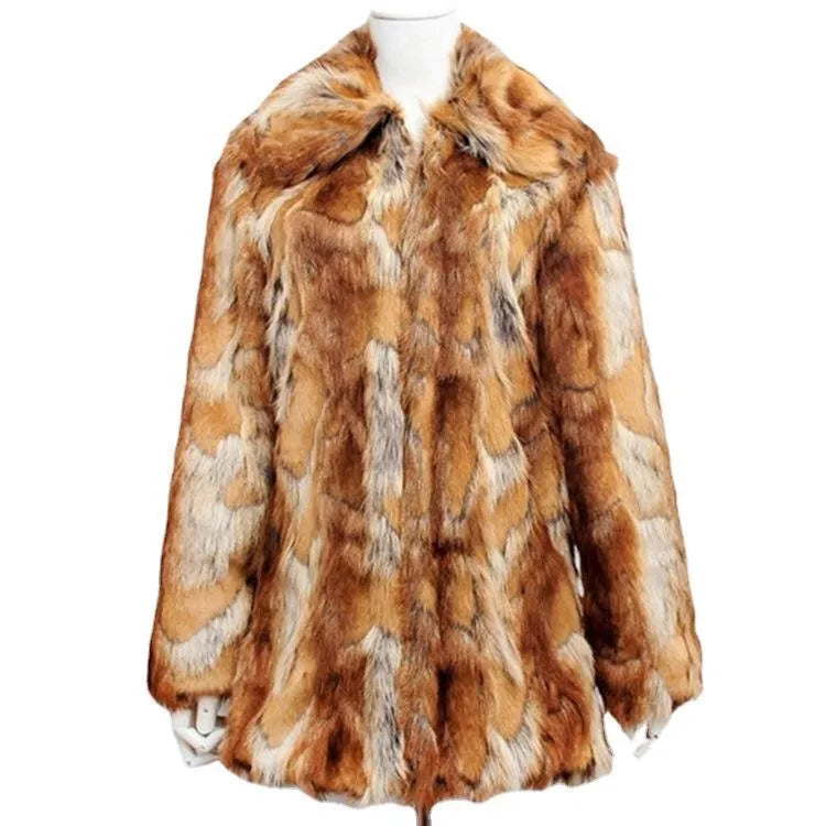 Women's tiger pattern faux fur leather jacket with medium length 65cm cut and long sleeves