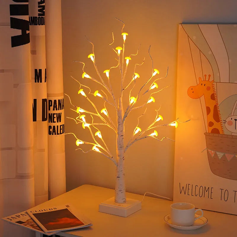 60cm mushroom tree LED lamp with 24 small flowers on birch tree design