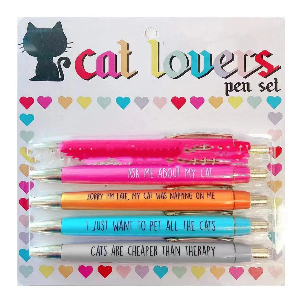 Set of five coloured push-action pens with cat or dog themes in beaded storage bag