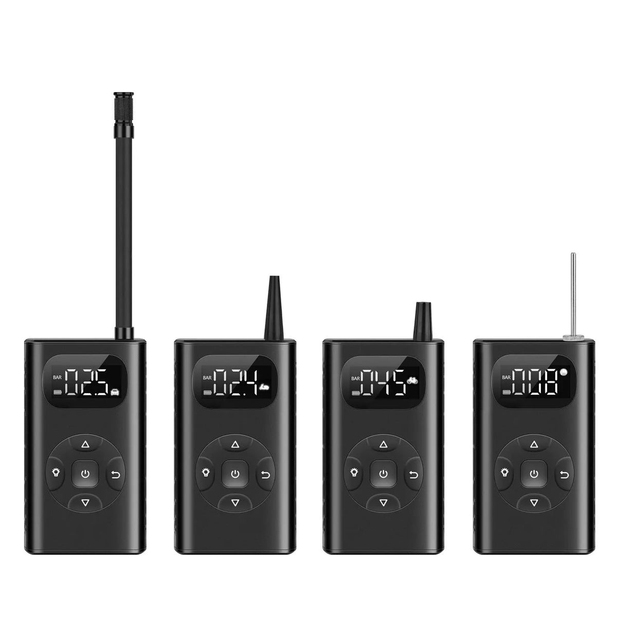 Black cuboid portable air compressor power bank with USB cable for car and bike tyre inflation