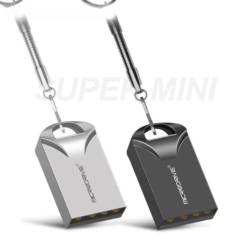Black and silver metal USB flash drives showing compact 23mm size with capacity options from 4GB to 128GB