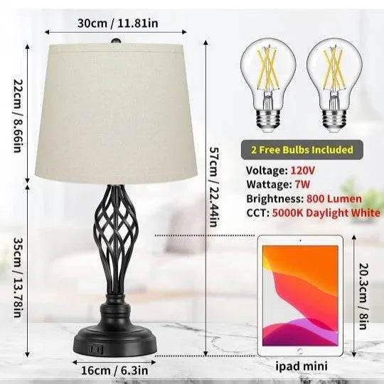 European style alloy touch sensing bedside table lamp with dimmable cold and warm light and a USB charging socket.