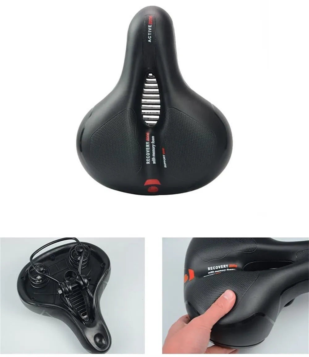 Bicycle saddle cushion with PU leather surface and silicone padding shown with included wrench and waterproof cover