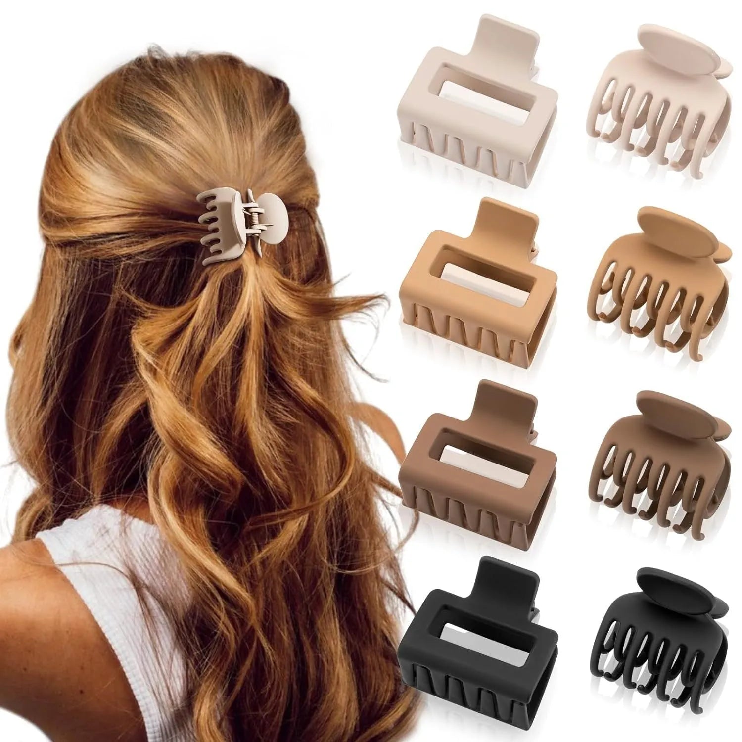Six rose red plastic hair clips with frosted grip and quadrilateral design in OPP bag packaging