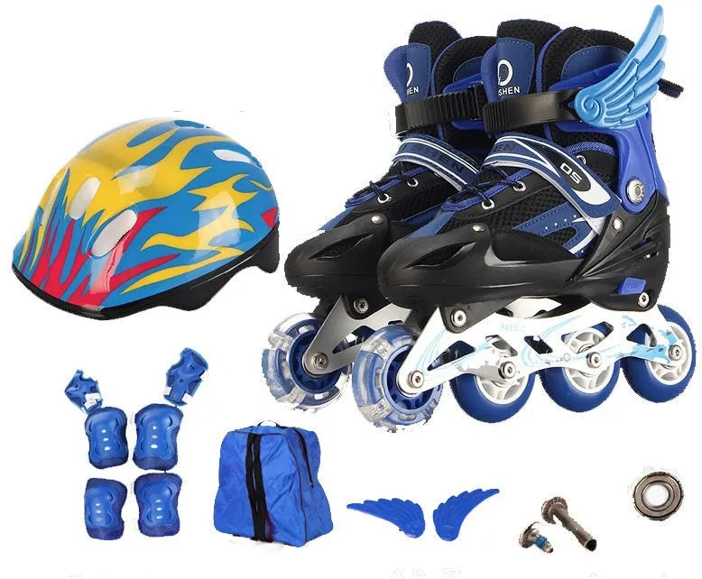 Adjustable PU children's inline skates with aluminium frame, foam wheels, and matching protective gear set in various colours.