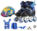 Adjustable PU children's inline skates with aluminium frame, foam wheels, and matching protective gear set in various colours.
