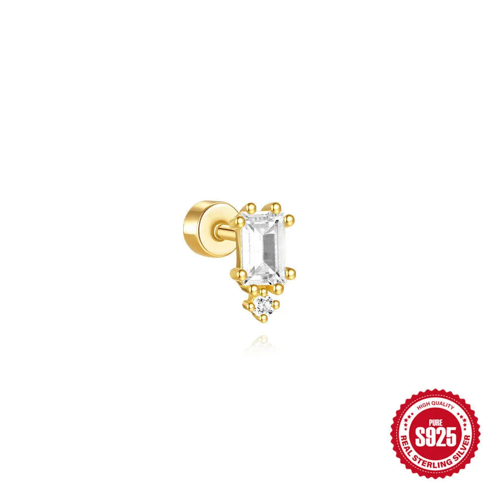 S925 sterling silver flat column geometric ear bone stud with threaded post in a gold colour finish.
