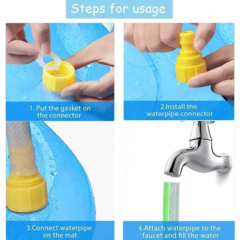 Blue anti-slip dog splash pad pool mat for outdoor water play in three size options.