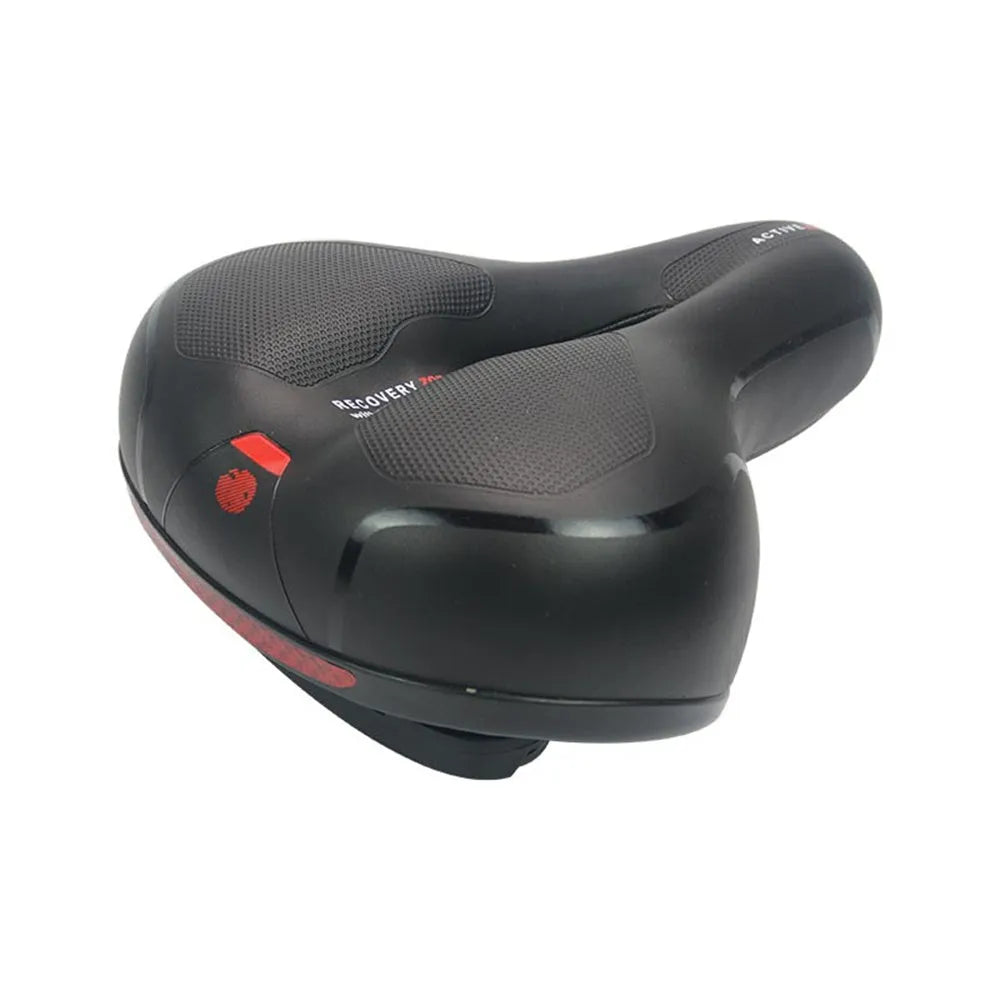 Bicycle saddle cushion with PU leather surface and silicone padding shown with included wrench and waterproof cover