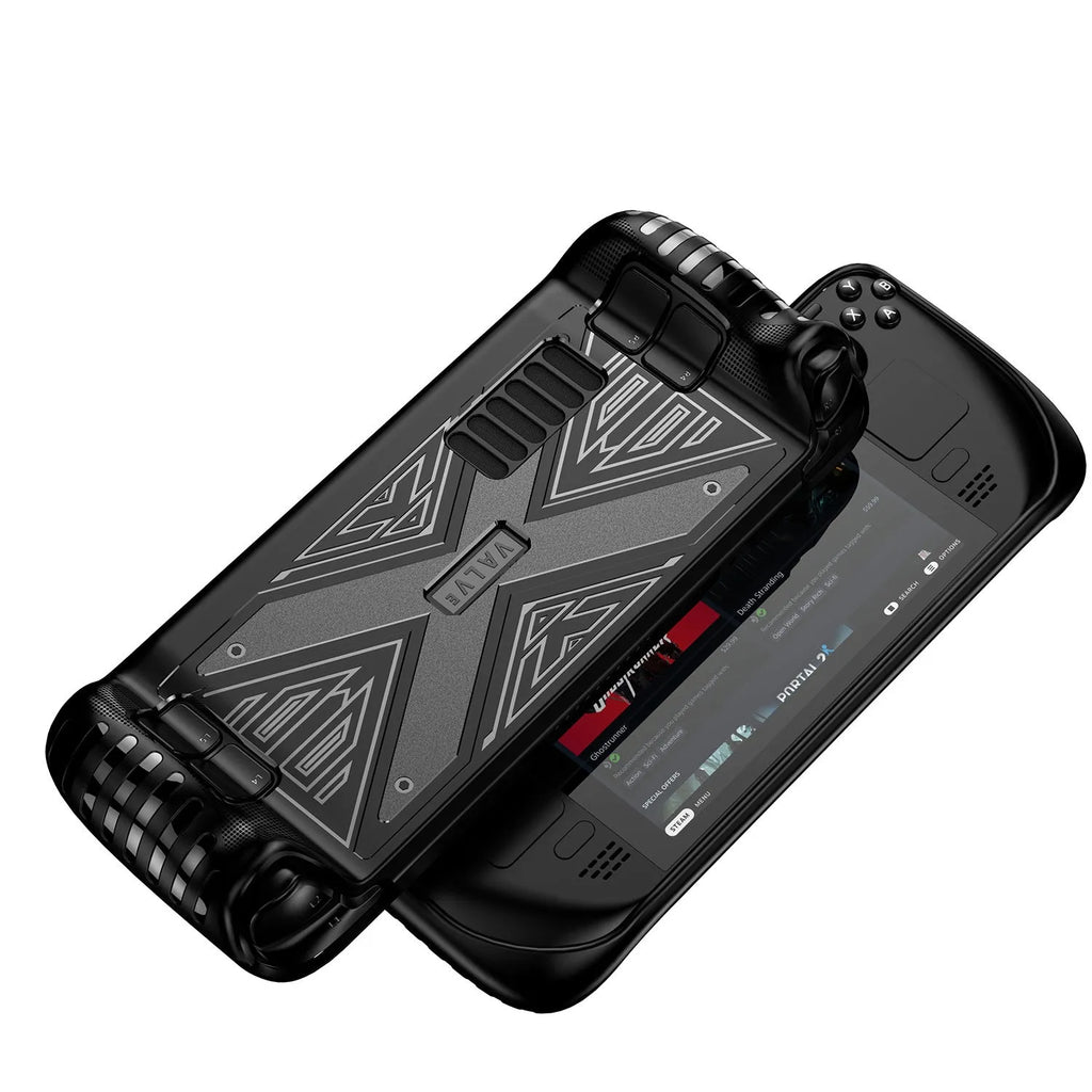 Red TPU silicone protective case fitted on Steam Deck portable gaming console
