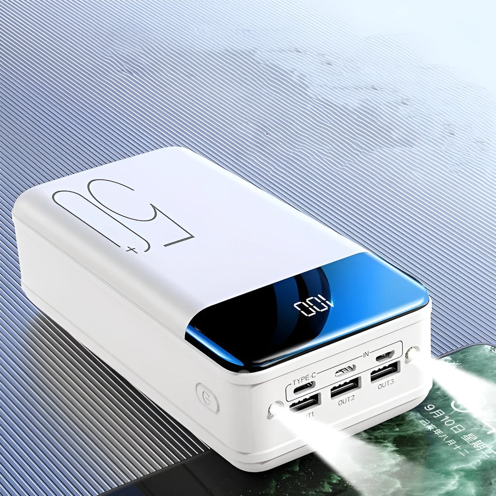 Large 50000 mAh capacity power bank with three USB ports showing black or white colour options