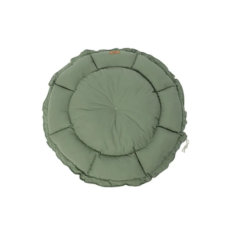 Grey and green reversible donut pet bed for cats and dogs with high sides.
