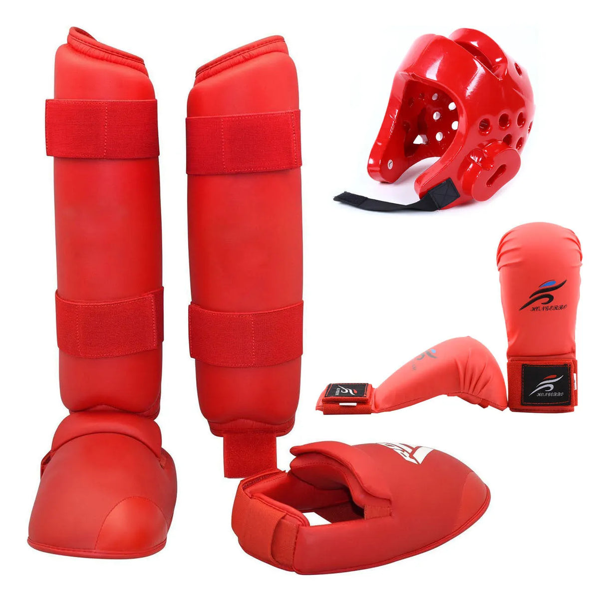 Red and blue martial arts protective gear set showing leg guards and a helmet on a white background.