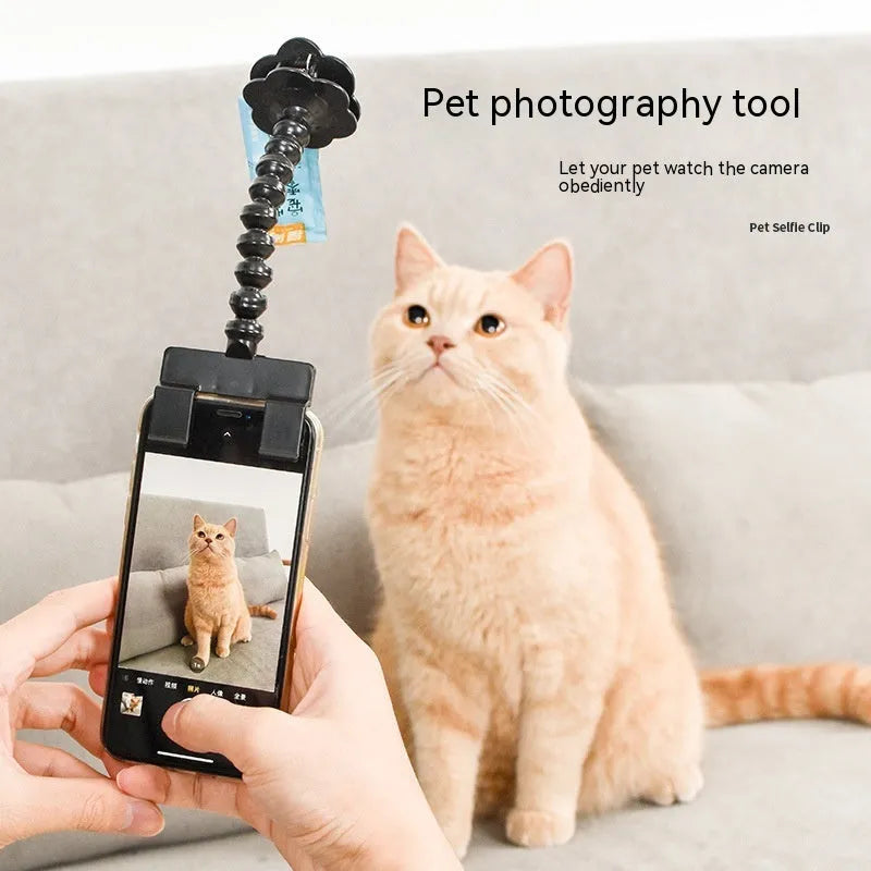 Black plastic pet photography tool with treat clip and phone holder, shown rotated to adjust angle.