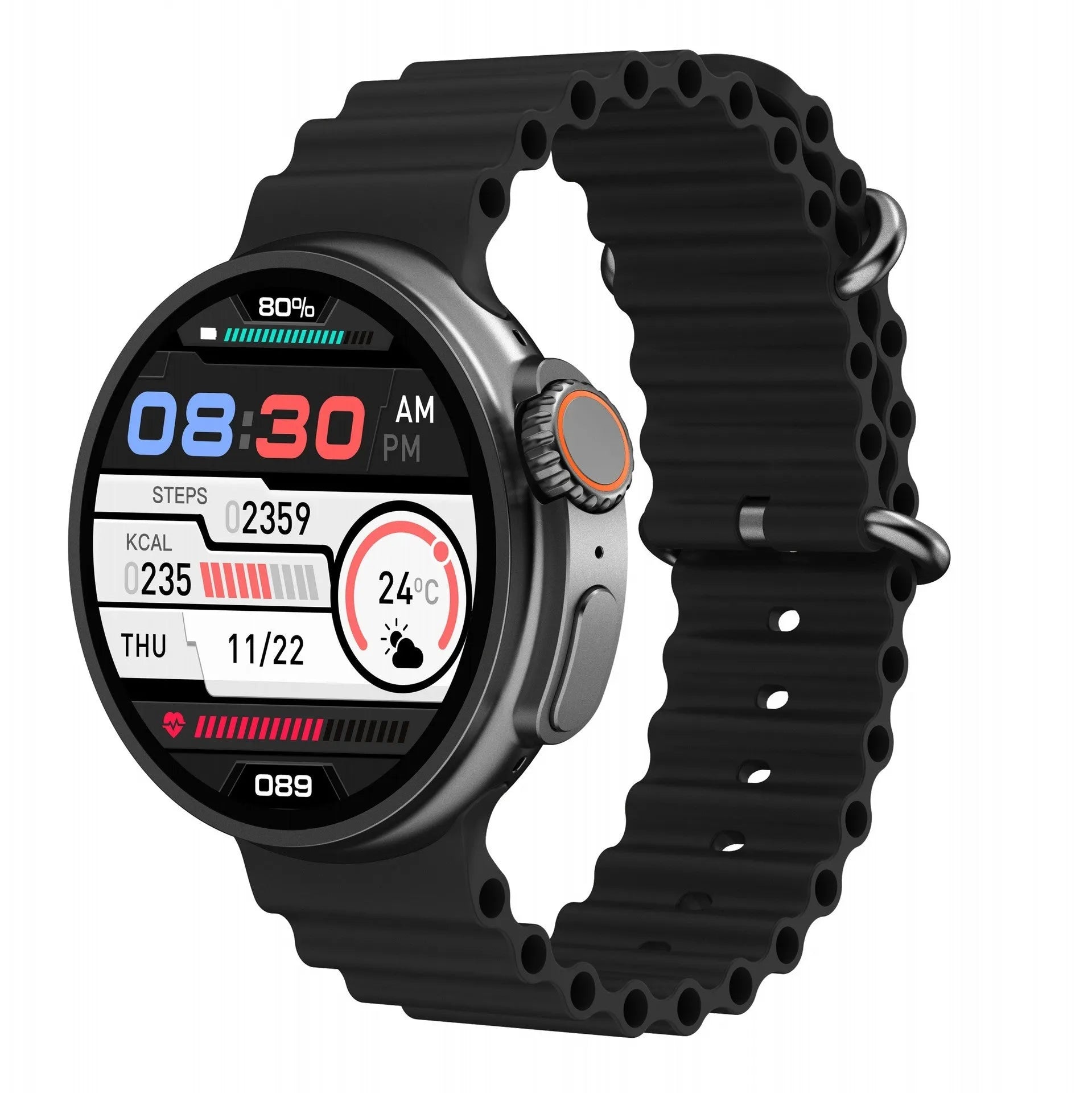 K9 Smart Watch with round screen on silicone strap, shown in black, orange, silver brown, or yellow.