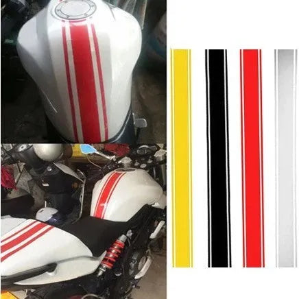 Black, red, silver, and yellow reflective pinstripe motorcycle stickers measuring 50 by 4.5 centimetres.