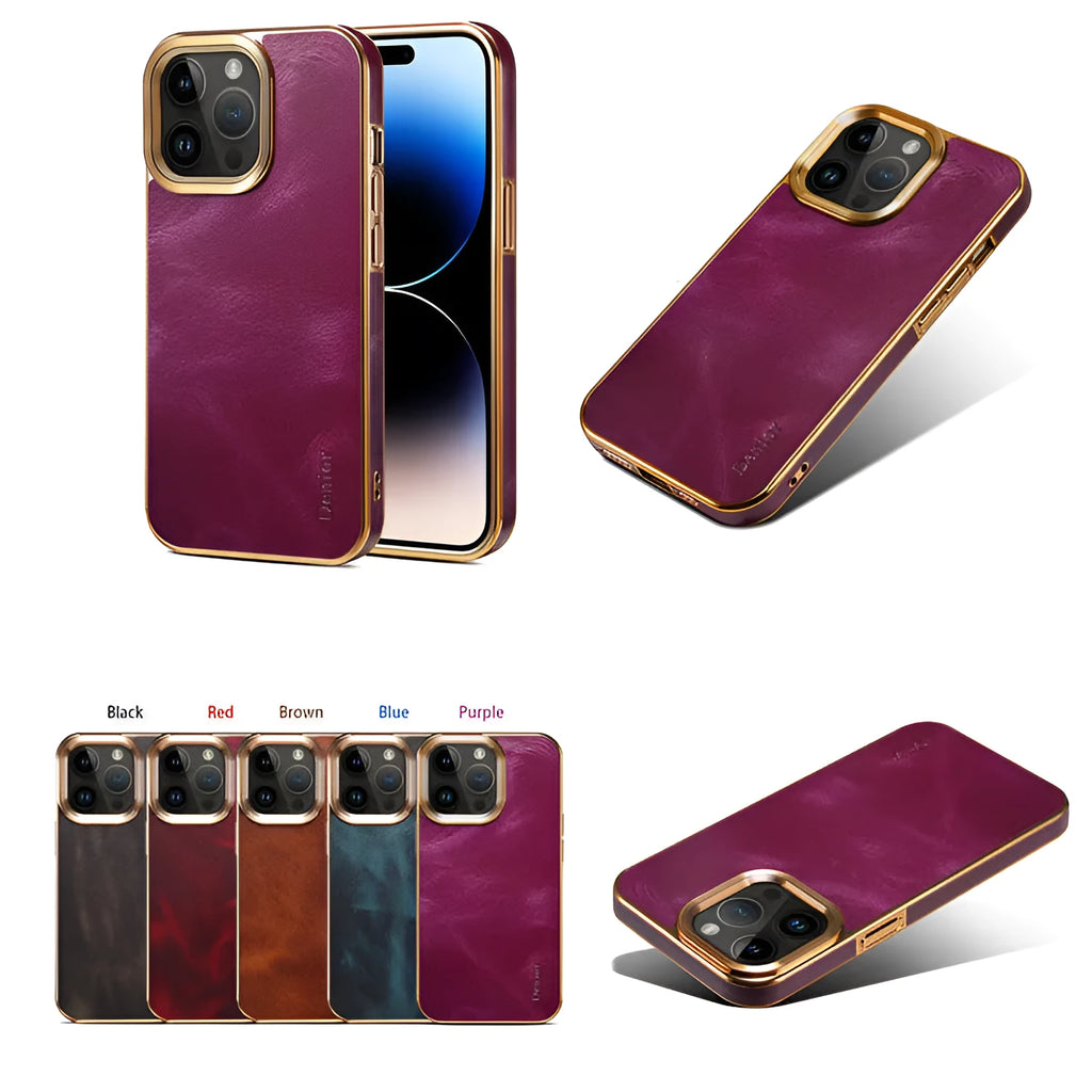 Handmade brown genuine leather iPhone case showing textured surface and slim profile on an iPhone 15 Pro.