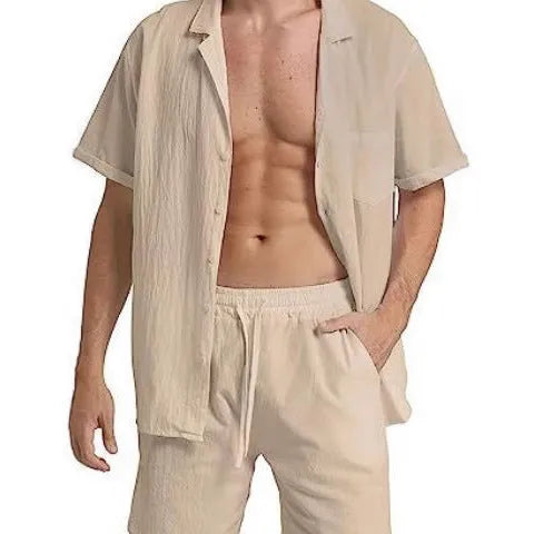 Men's linen summer sports suit with short-sleeved top and matching shorts in army green colour
