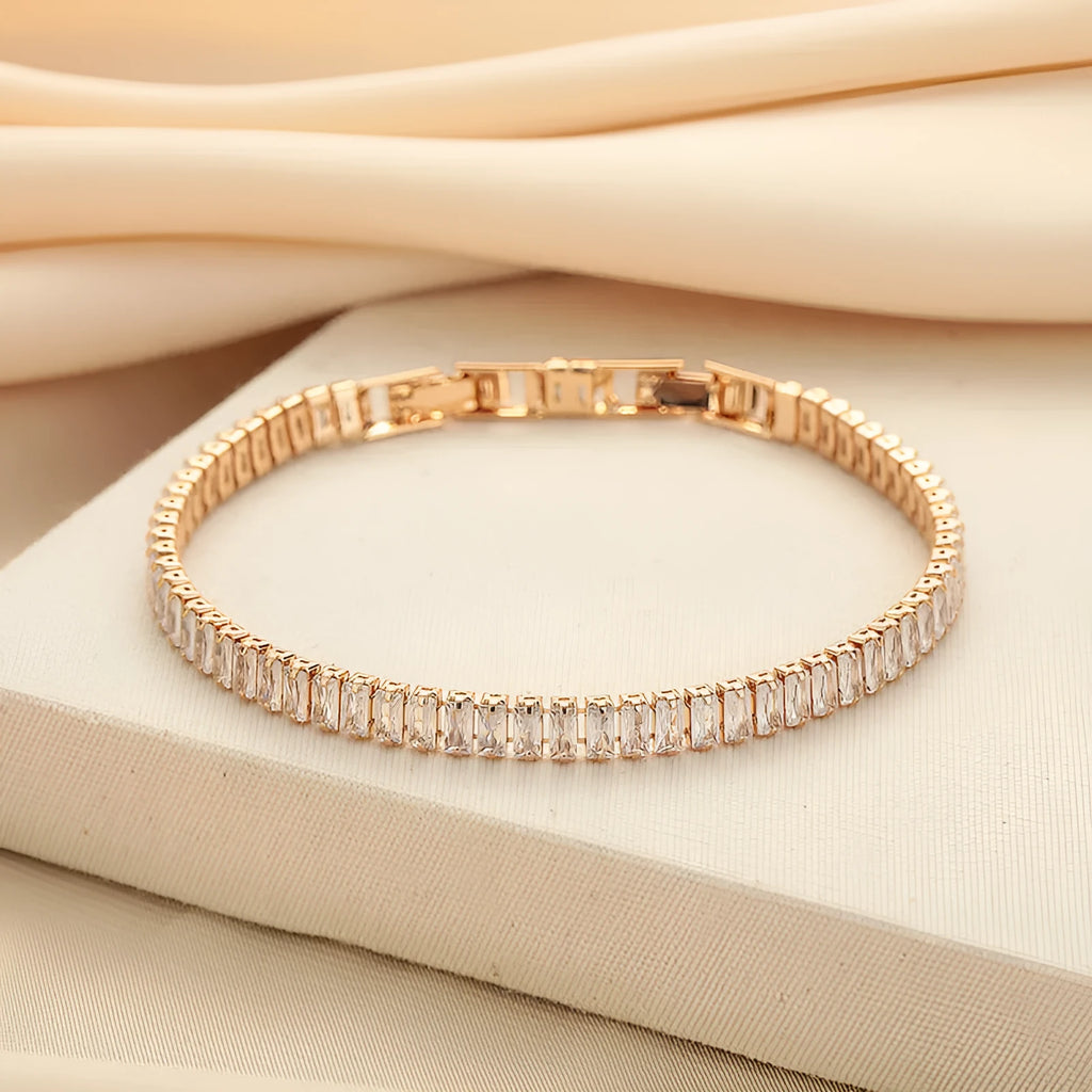 Rectangular brass bracelet with full diamond pattern from inlaid zircon treatment in champagne gold colour