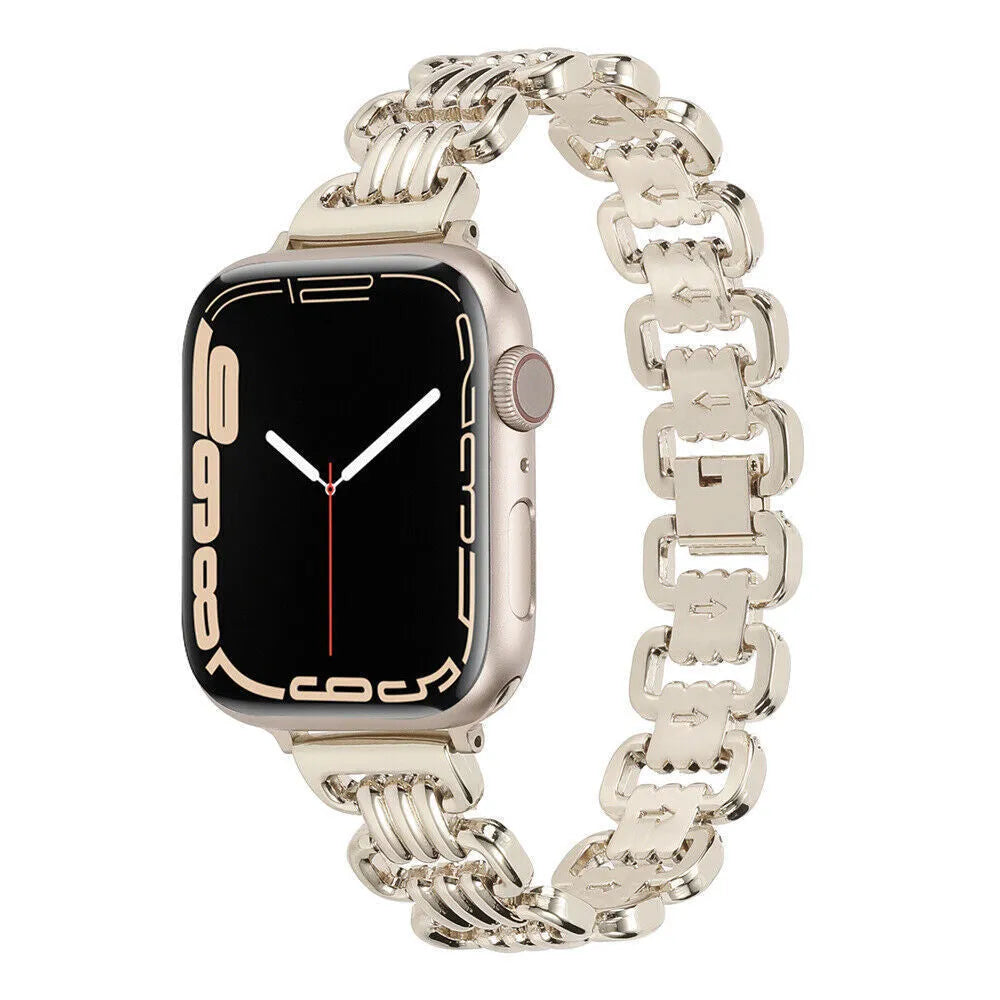 Alloy metal Apple Watch bracelet in silver, black, gold, rose gold, and Starlight colour options.