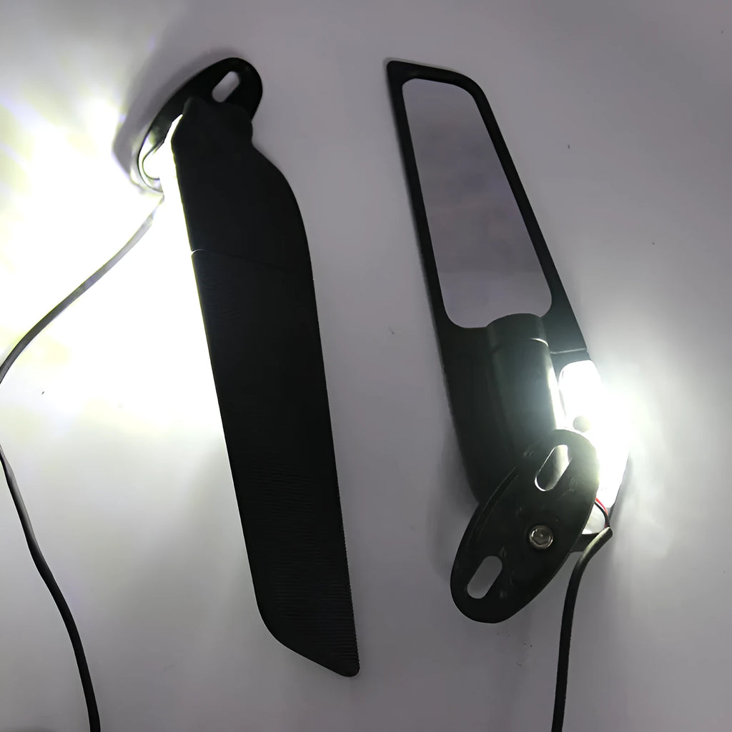 Pair of aluminium alloy motorcycle rearview mirrors with integrated yellow running lights and convex glass lenses.