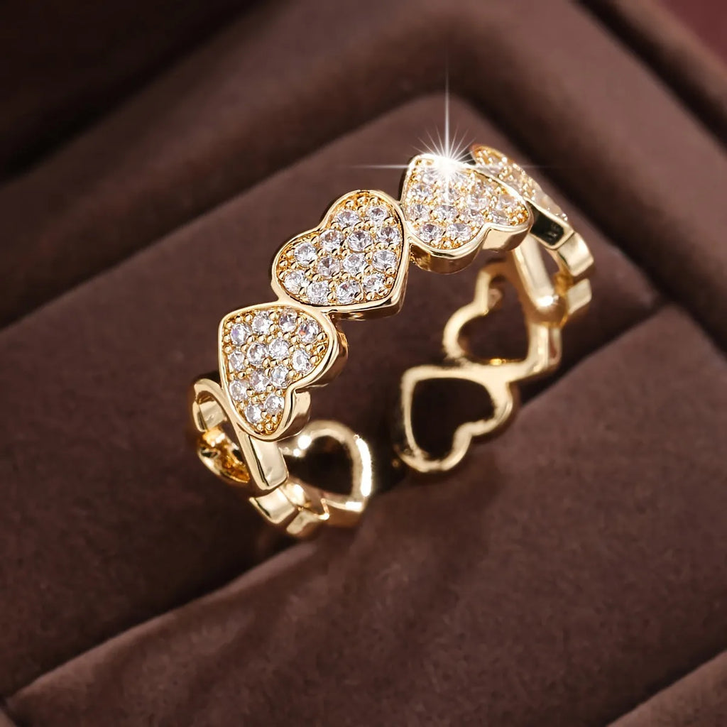 Adjustable opening couples ring with geometric love heart design in gold finish