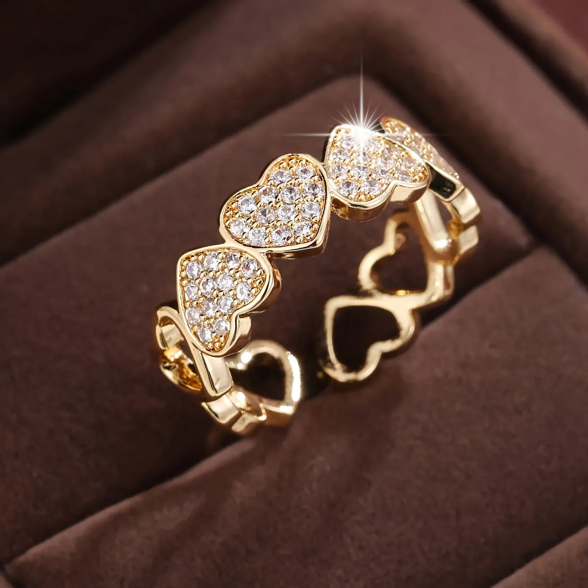 Adjustable opening couples ring with geometric love heart design in gold finish