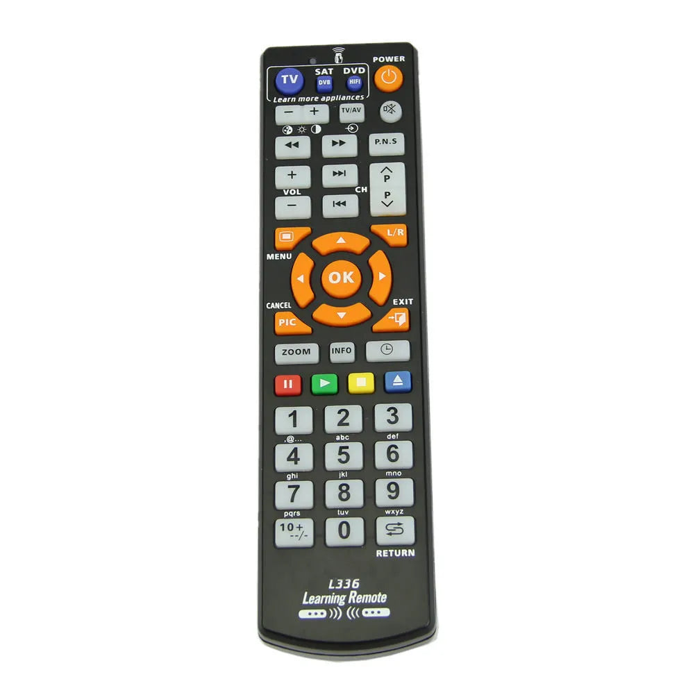 Black L336 learning remote control with full key layout for universal audio equipment operation