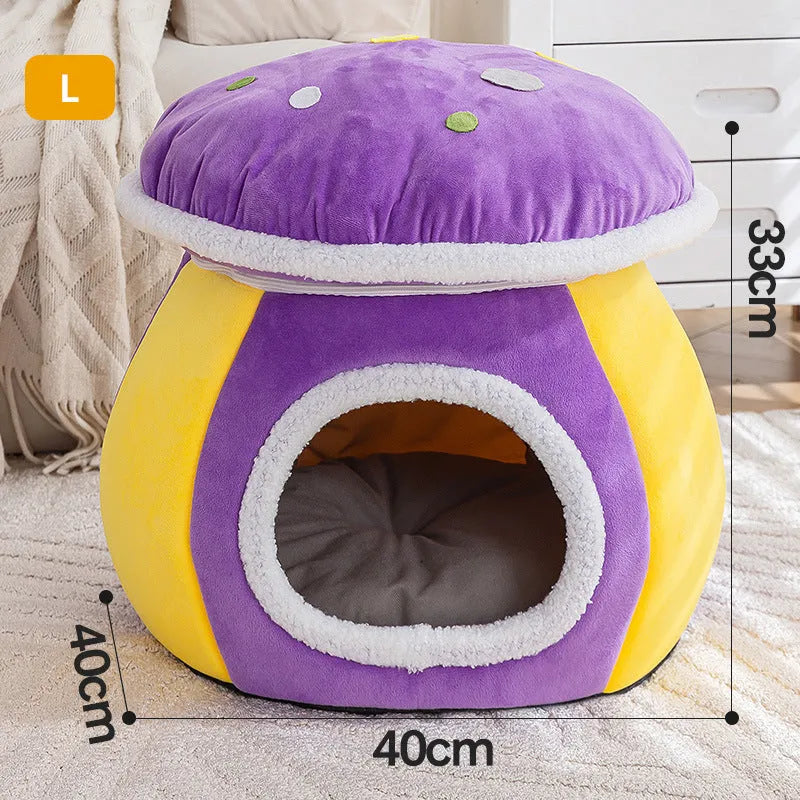 Mushroom-shaped cat bed with rabbit plush cover in grey pink purple colours
