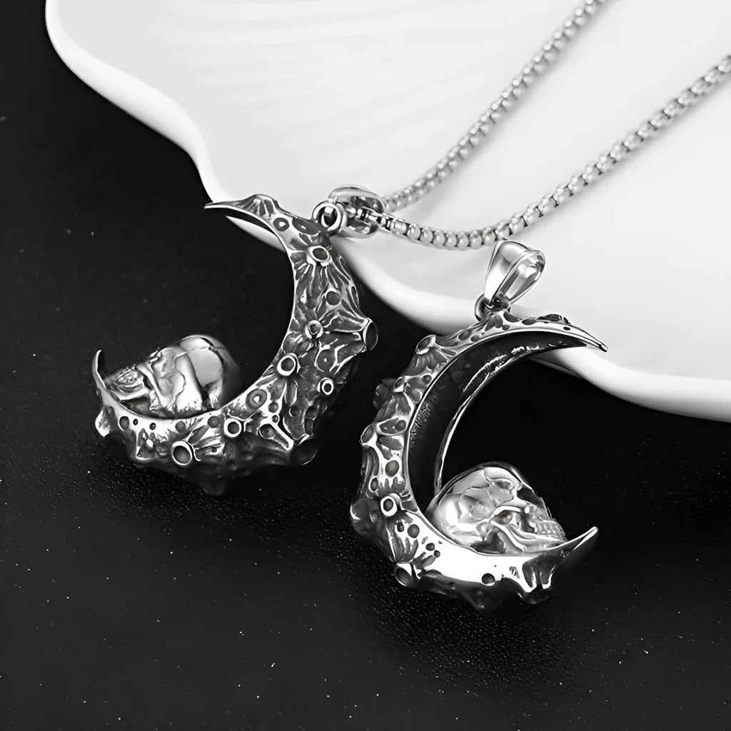 Men's silver alloy necklace with six pendant design options including skull, dagger, and Hot Wheels motifs