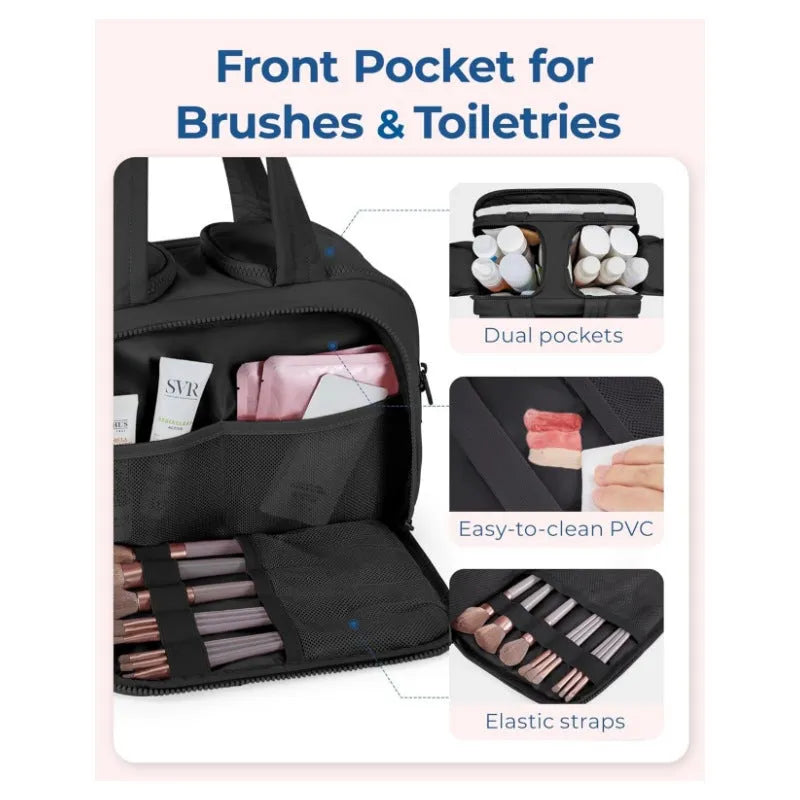 Large open travel toiletry bag in beige colour showing spacious interior, made from polyester fabric.
