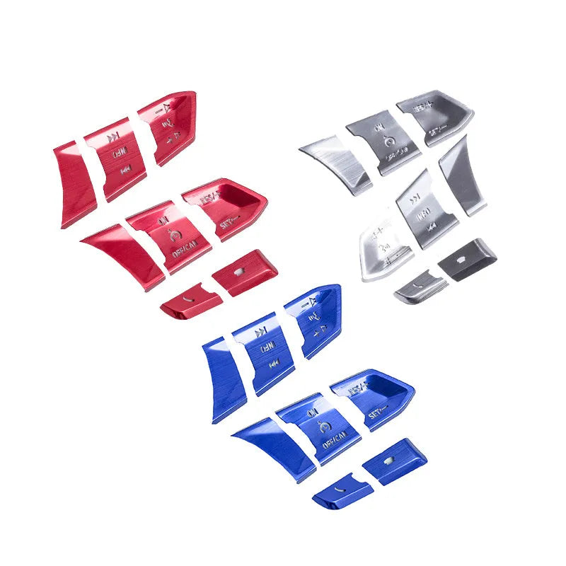 Aluminium alloy car interior decorative sticker set with transparent button overlays and multiple vehicle-specific designs