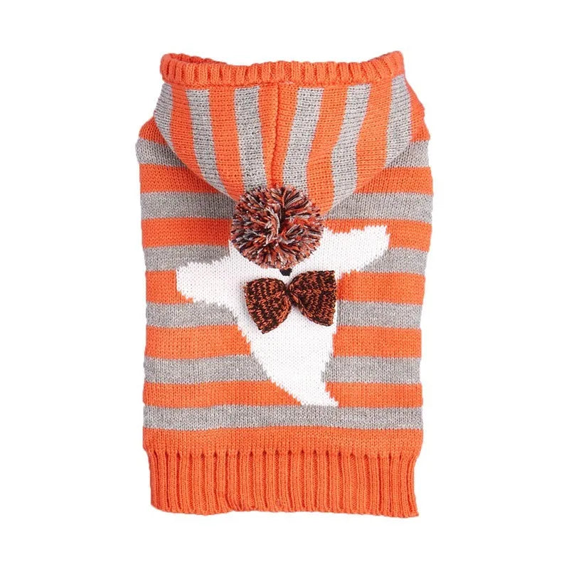 Orange striped hooded pet sweater with knitted acrylic construction and fur ball detail