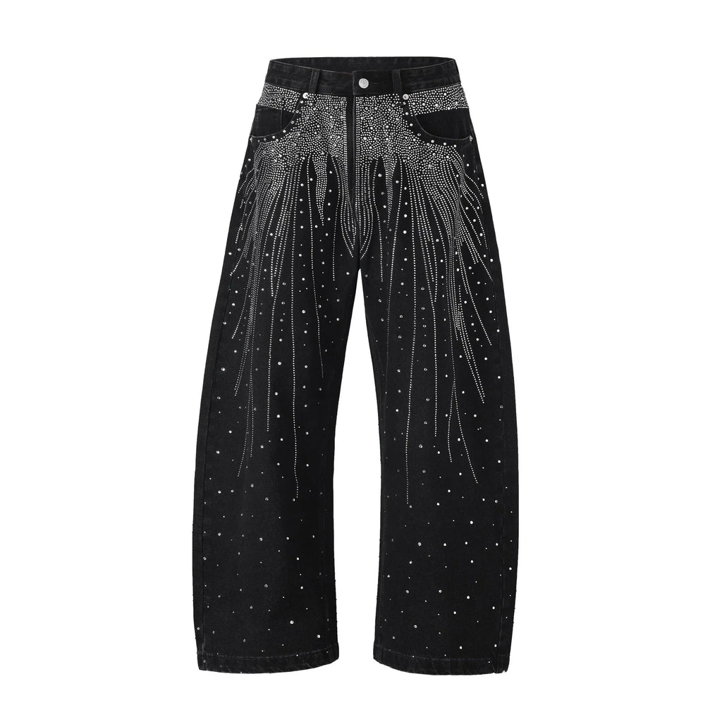 Blue loose-fitting wide-leg cotton trousers laid flat, showing the high street casual style.