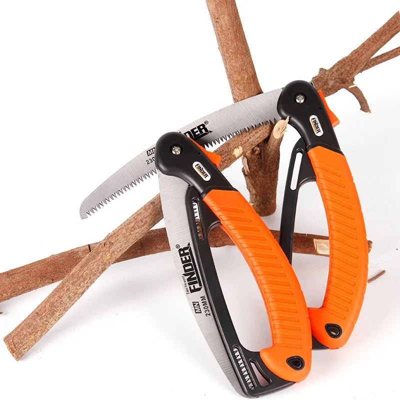 Garden folding hand saw with 9 inch blade, TPR handle, shown in open cutting position